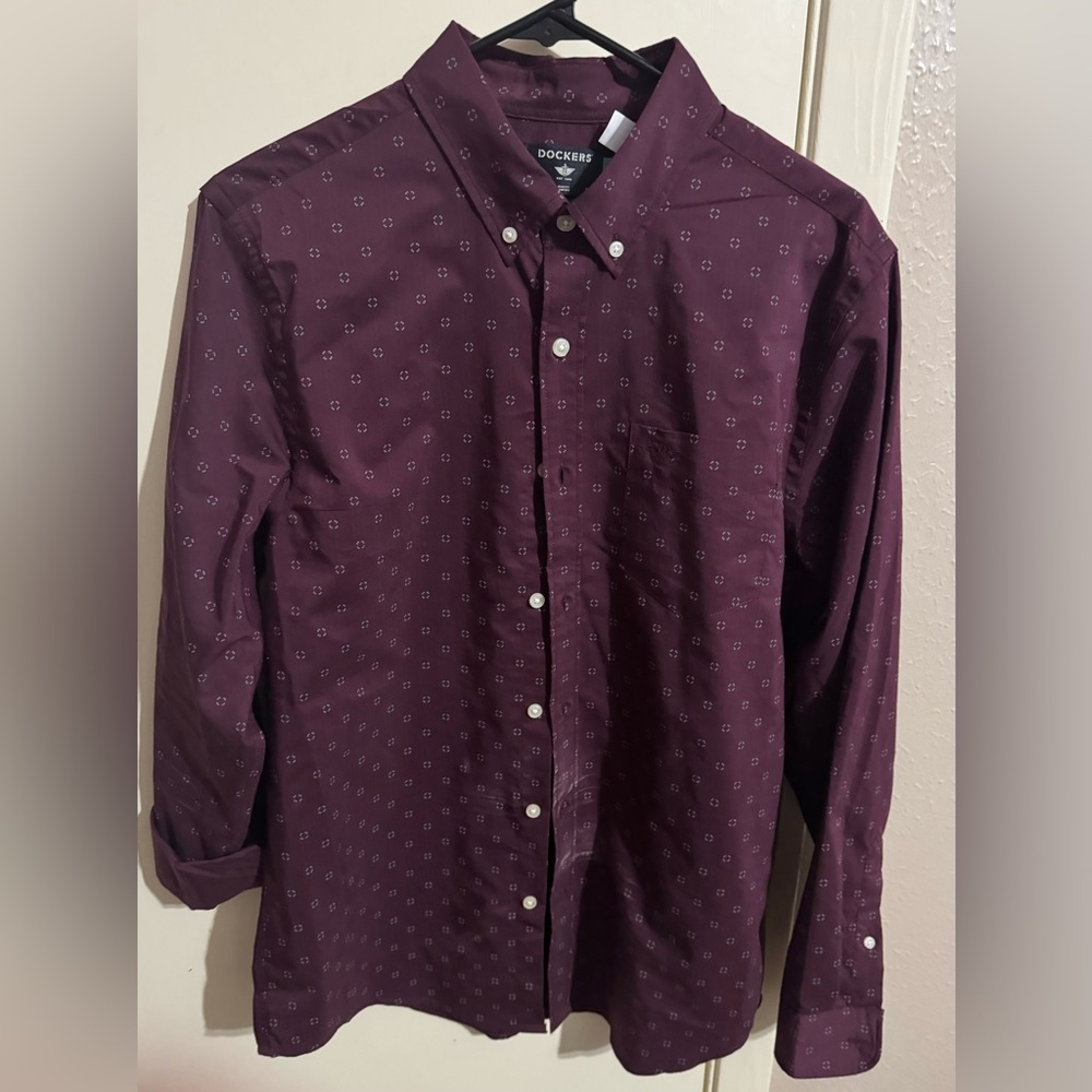 DOCKERS Shirt Mens Maroon Long Sleeve Collared Button Down